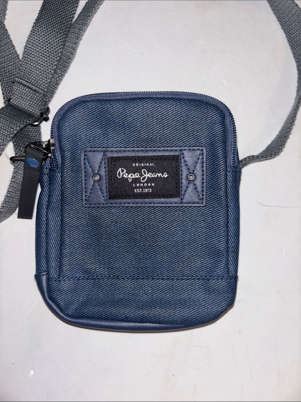 PEPE JEANS OF LONDON BLUE MINI CROSSBODY DENIM LIKE CANVAS DOUBLE ZIPPER CLOSURE
